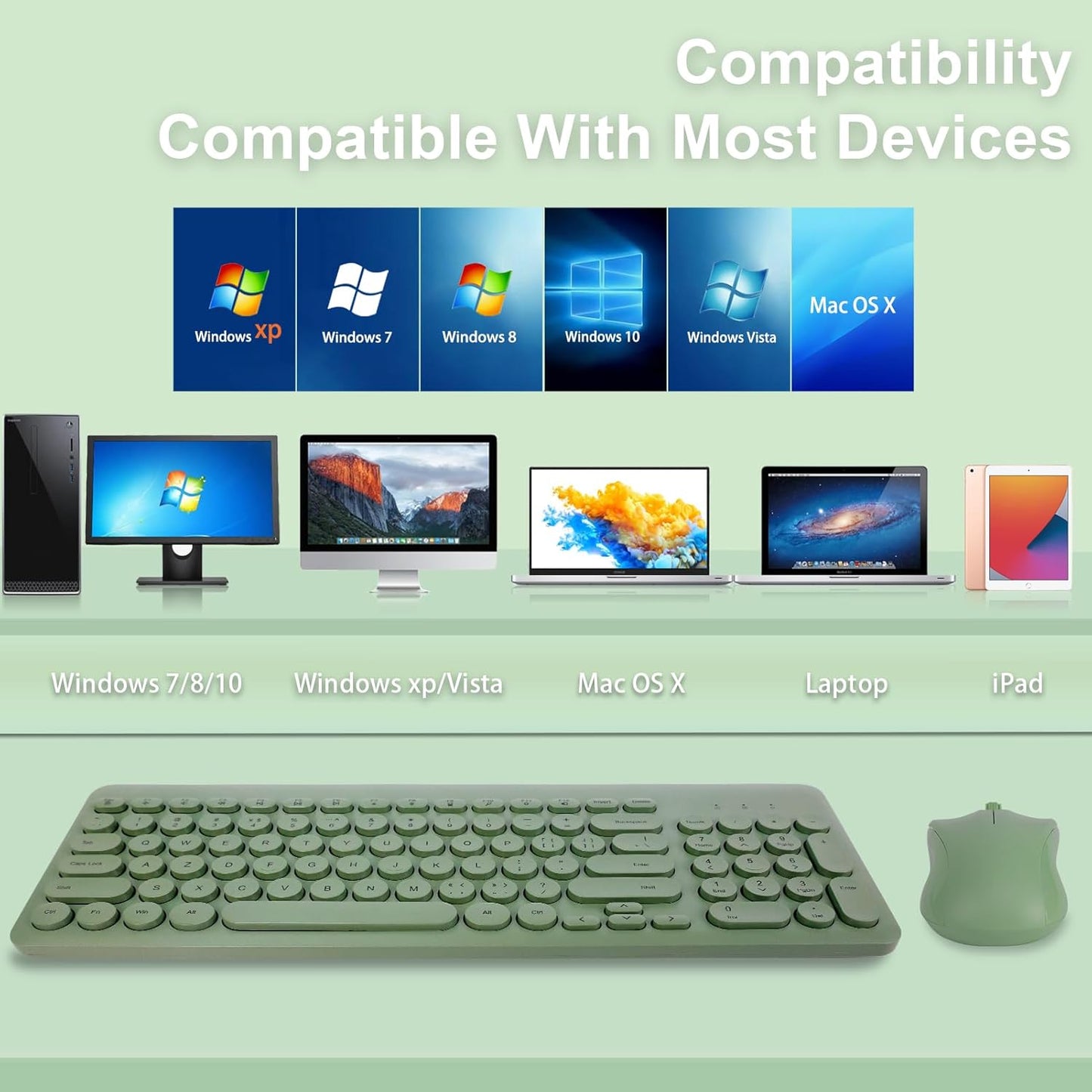 Wireless Keyboard and Mouse Combo, Sweet Green Cute Keyboard, 2.4G USB Ergonomic Full-Sized Mute Keyboard for Computer, Laptop, PC Desktops, Mac