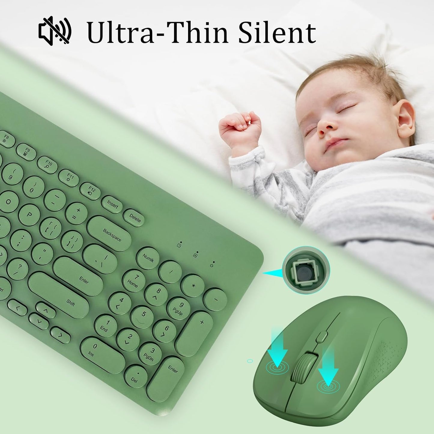 Wireless Keyboard and Mouse Combo, Sweet Green Cute Keyboard, 2.4G USB Ergonomic Full-Sized Mute Keyboard for Computer, Laptop, PC Desktops, Mac